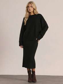 RueChic Drop Shoulder Rolled Cuff Tee And Skirt Set - Black - View 6