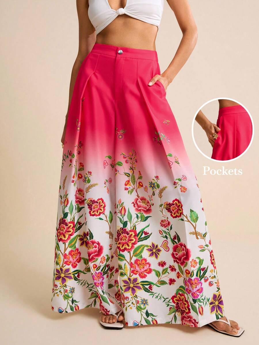 LOTSLUV Women's Fuchsia Ombre Tropical Floral Print Wide Leg Pants With Pockets,White And Pink,Summer,Elegant,Vacation,Holiday Long Trousers For Women - Multicolor - View 1