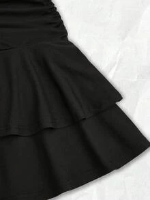 Pariaura 女士黑色短袖不对称肩部金属扣双层下摆收腰休闲度假日常约会迷你连衣裙，春夏黑色迷你连衣裙荷叶边连衣裙黑色连衣裙褶边连衣裙女士黑色连衣裙女士迷你连衣裙黑色荷叶边连衣裙黑色连衣裙生日单肩夏季连衣裙性感度假连衣裙黑色度假连衣裙黑色单肩连衣裙女士单肩连衣裙黑色夏季连衣裙可爱黑色连衣裙女士休闲连衣裙荷叶边下摆连衣裙 - 黑色 - 查看 6