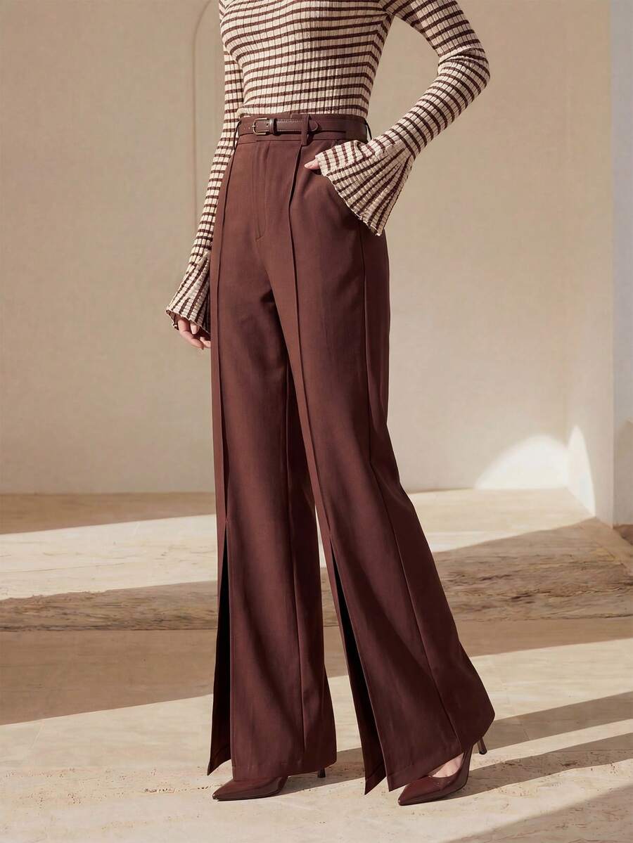 Anewsta Pantalones de pierna acampanada con diseño de abertura frontal para mujer, pantalones elegantes y versátiles de longitud completa - Café integral - Ver 1