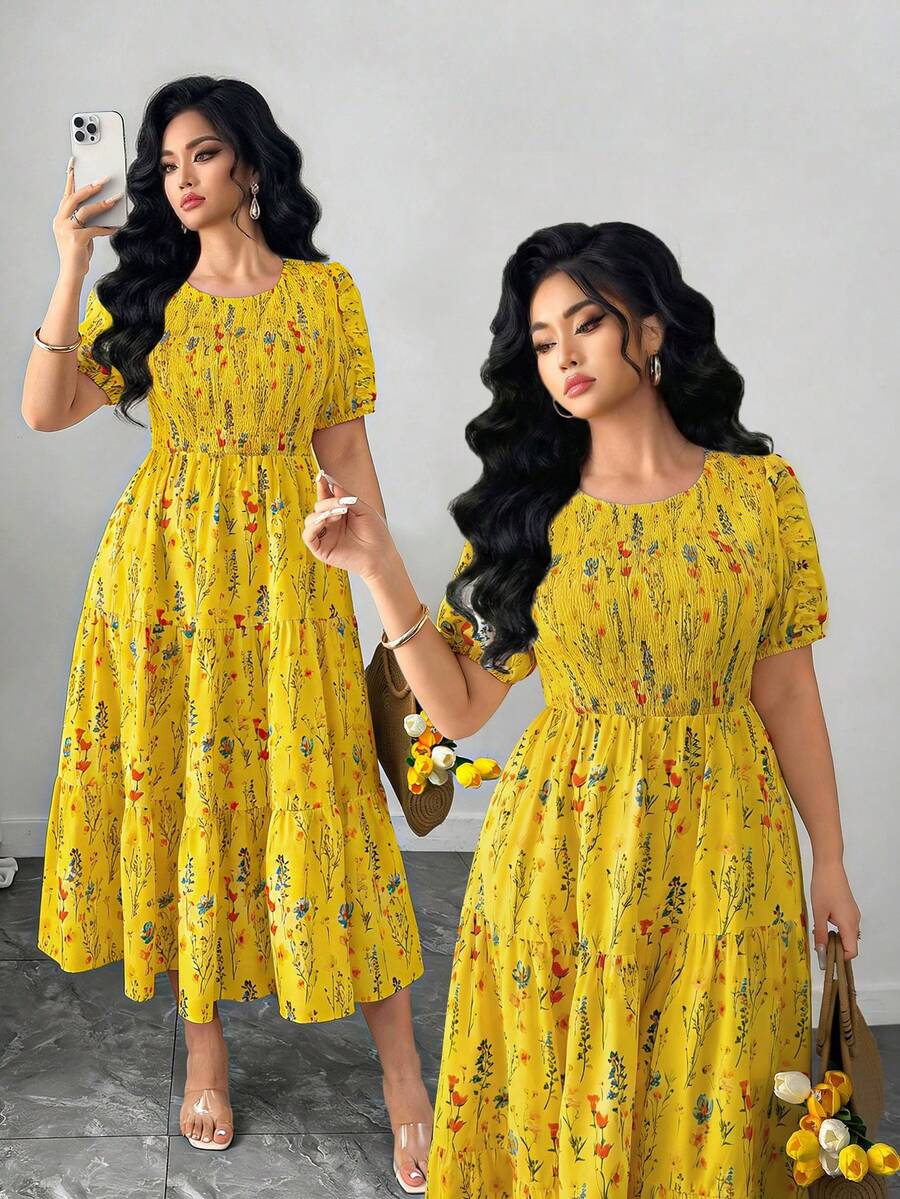 Elenzga Gaun A-Line Berlapis dengan Lengan Pendek Motif Bunga dan Pinggang Elastis untuk Wanita Ukuran Plus, Gaya Resor Elegan, Cocok untuk Musim Semi dan Musim Panas - Kuning - View 1