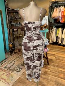 NostaNoir Sexy Tie-Dye Spaghetti Strap Bodycon Dress, Ruched Fitted Midi Dress, Chic New Arrival Bodycon Dress For Women - Coffee - View 2