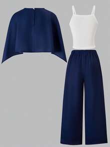 3件套少女休闲度假风亚麻印花衬衫、吊带背心和裤子套装 - 藍色 - 查看 2