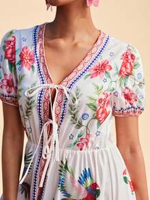 Travachic Vestido de playa con nudo delantero con estampado tropical, patrón de loro tropical, adecuado para vacaciones de verano, vestido de verano, atuendos de verano, vestidos de verano para mujer, atuendos de playa para mujer, atuendos de vacaciones de playa para mujer, atuendos de vacaciones para mujer, vestidos casuales para mujer - Multicolor - Ver 2