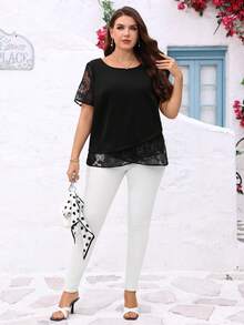 Miaspire Femmes grande taille Col rond Manches courtes Ourlet asymétrique Blouse ample Tenues d'été pour femmes Vacances tropicales Vêtements pour femmes Robes modestes pour femmes Volants de plage Mousseline de soie pastel - Noir - Voir 7