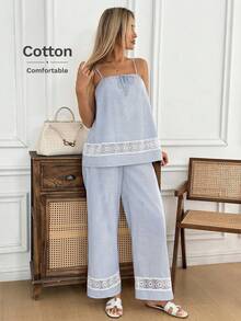 SHEIN LUNE Bộ đồ 2 mảnh dành cho nữ mùa xuân/hè, gồm áo hai dây buộc cổ nơ và quần ống rộng bằng ren kẻ sọc, kiểu dáng thường ngày thanh lịch, phù hợp cho công sở và nghỉ dưỡng (cổ điển). - Nhiều màu - Xem 7