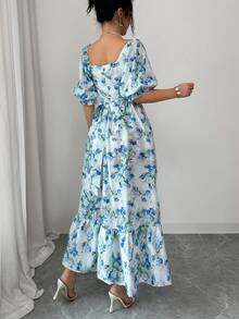 Elenzga Women's Elegant Fashion Commuter Casual Comfortable Charming Retro Minimalist High-End High-End Gentle Lady Palace Square Collar Puff Ruffle Sleeve Front Criss-Cross Tie Waist Slimming A-Line Dress (Random Print) - Blue - View 2