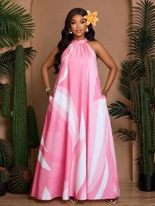 SOLERSUN 大码女装春夏宽松休闲印花无袖露背领口系带抽绳A字连衣裙，夏季连衣裙，沙滩度假长裙（带侧袋） - 粉色 - 查看 3