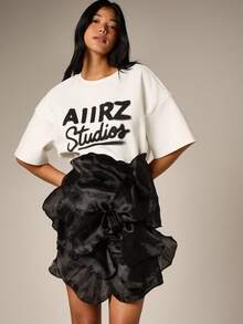 AiiRZ 女士黑色缎面欧根纱花朵多穿式上衣或迷你裙，荷叶边下摆，系带腰身，适合晚宴派对，优雅短款，充满女性魅力 - 黑色 - 查看 10