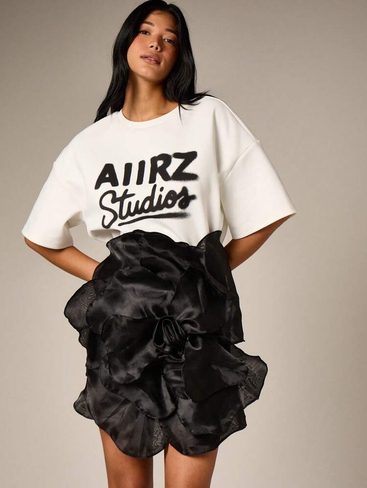 Women's Black Satin Organza Flower Multiway Top Or Mini Skirt Ruffle Hem Detail Tie Waist Evening Party  Dressy Elegant Short Feminine