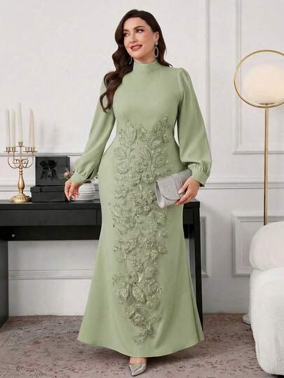 Modelyn Plus Size Women Floral 3D Decor Elegant Cinched Waist A-Line Dress