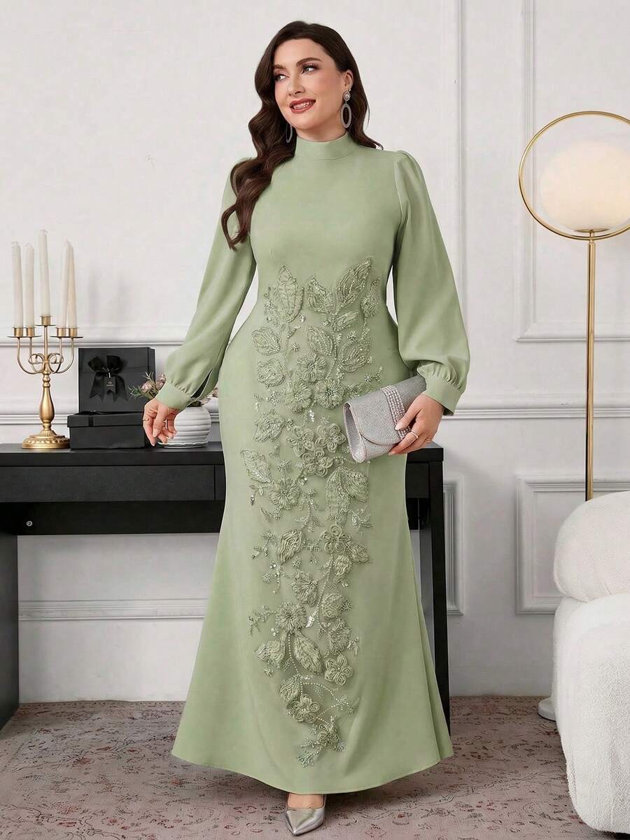 Modelyn 大码女式立体花卉装饰优雅收腰A字连衣裙