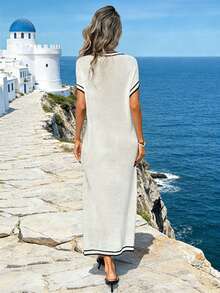 Breezaya 夏季海滩度假撞色滚边针织连衣裙（女款） - 杏色 - 查看 2