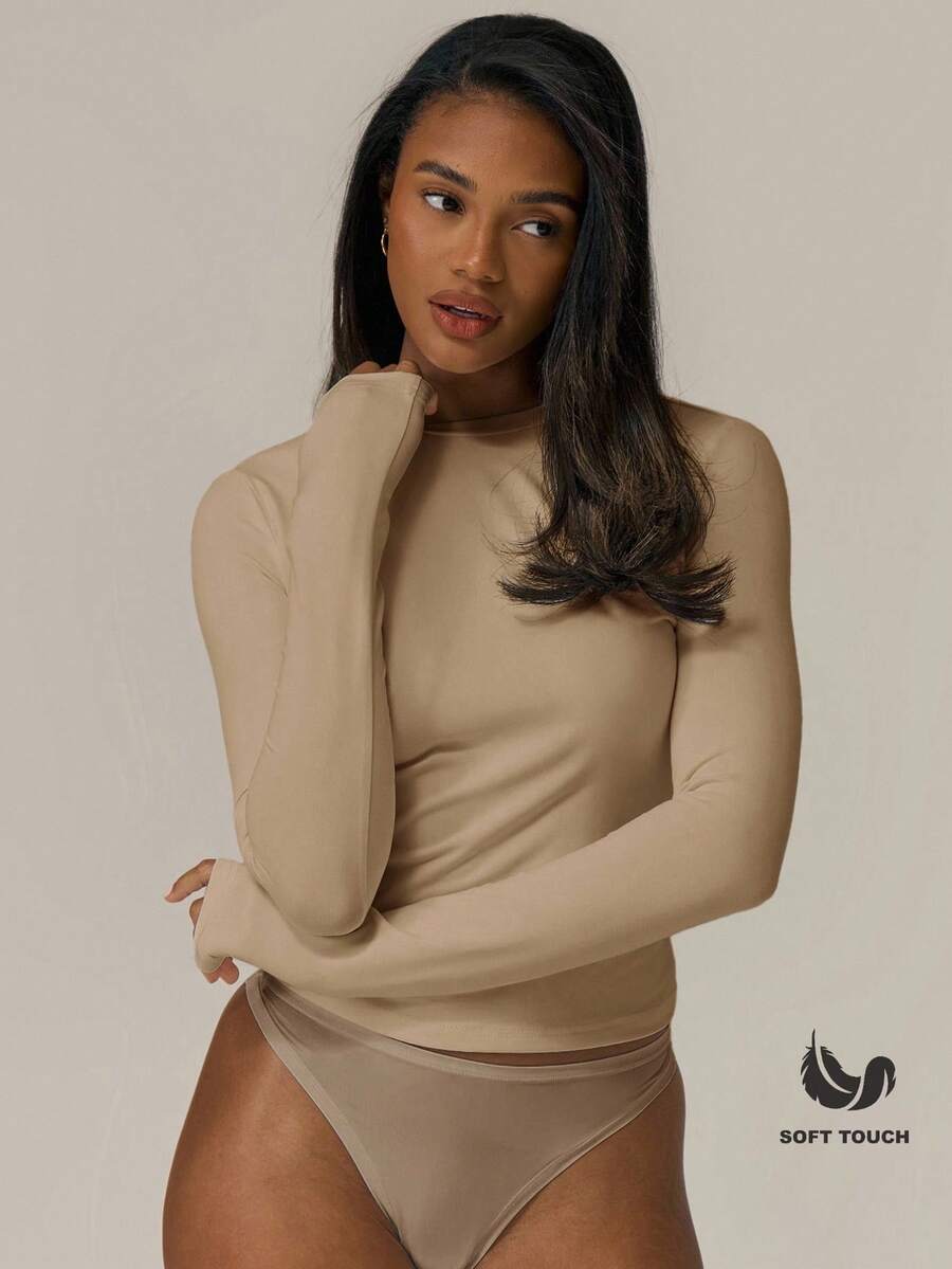 MUSERA ESSENTIALS Soft Touch Long Sleeve Top Basic Casual Airport Holiday Fall Elegant Spring Summer - Khaki - View 1
