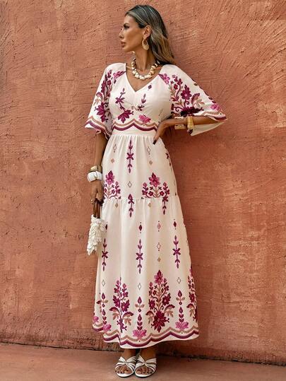 Selianne Women's Elegant Fashion Commuter Casual Comfortable Charming Retro Minimalist Romantic Holiday V-Neck Bell Sleeve Floral Print Waist Slimming A-Line Dress