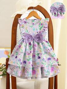 SHEIN Elladie kids 女童春夏优雅连衣裙，正面黄色纯色3D蝴蝶结装饰，泡泡褶皱面料荷叶袖，收腰设计，可爱兔子数码印花蛋糕裙，适合春夏穿着，可爱淑女，日常、上学、度假皆宜。女童服装，公主裙，可爱连衣裙，碎花裙。夏季套装，柔软连衣裙，优雅派对礼服。夏季套装。柔软连衣裙。 - 淡紫色 - 查看 3