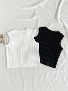 Genkimix Kids Young Girl Summer Casual Solid Color Heart Hollow Ribbed Tank Top - Black and White - View 2