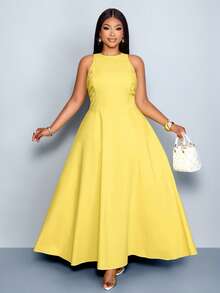 SOLERSUN 大码女装时尚纯色无袖圆领宽松休闲褶皱A字长裙，轻盈奢华，简约显瘦，百搭实用，适合春夏日常通勤和海滩度假，清爽休闲，适合圣帕特里克节、复活节、音乐节、派对、约会、婚礼季、四叶草、街头风、海滩度假、野餐、西式风、波西米亚风、高贵优雅、现代时尚等各种场合。 - 黃色 - 查看 1