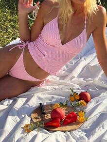 Swim Mod Elegant Vacation Sweet Women's Spaghetti Strap Bikini Set With Pink & White Fabric, Pearl & Seashell Decorations, Wireless - Pink - View 1