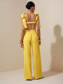 Zivah Beach New Spring And Summer Casual Holiday Bowknot Shoulder Straps Chest-Wrapped Heart Collar Cropped Top + Wide-Leg Super Trousers Apricot Women's Two Pieces Se,Textured Fabric Material - Yellow - View 2