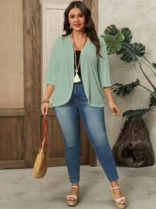 Áo khoác cardigan tay lửng màu trắng họa tiết jacquard dành cho nữ cỡ lớn, thích hợp mặc đi biển, đi nghỉ mát, trang phục mùa xuân và mùa hè cho nữ. - màu xanh lá - Xem 5