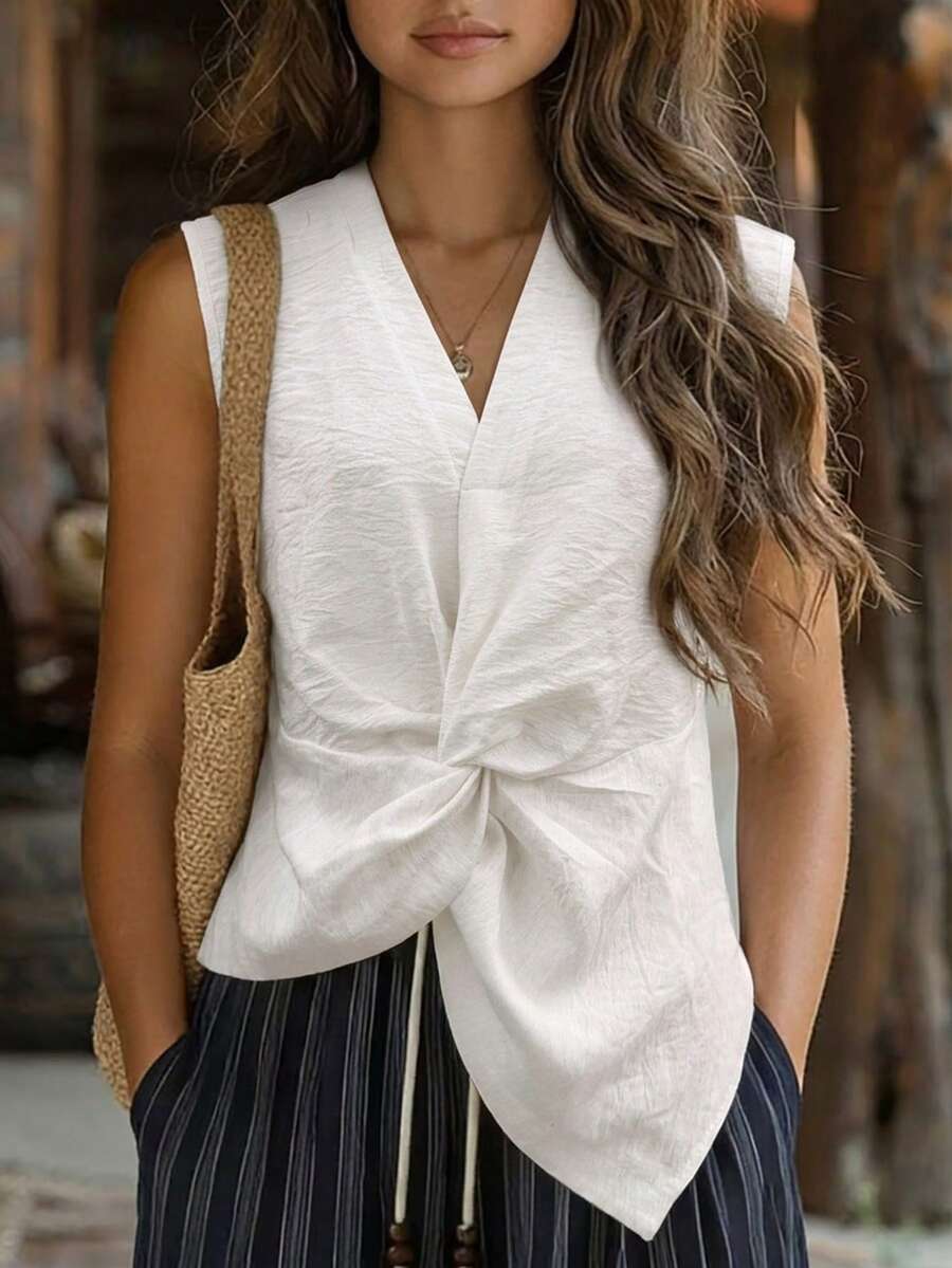 Balvessa White Linen-Like Knotted Asymmetric Casual Vacation Shirt For Women - White - View 1