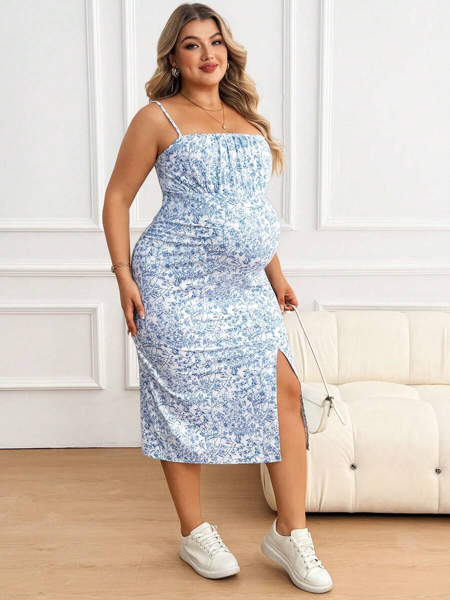 Plussiva Đầm bầu cỡ lớn in hoa xẻ tà bên hông - Xanh và trắng - Xem 1