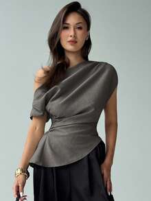 Aloruh New Minimalist Fashion Versatile Gray Asymmetrical Shoulder Ruched Decor Fitted Short Sleeve Blouse,Summer Top - Dark Grey - View 4