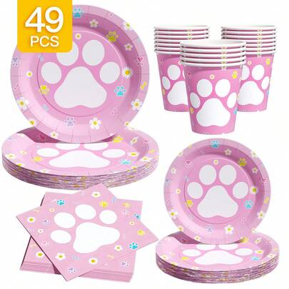 粉色背景可爱爪印花卉图案一次性餐盘、餐巾纸和杯子套装，可供8位客人使用。这款一次性派对用品套装（包括餐盘、餐巾纸和杯子）非常适合生日派对、婚礼和家庭野餐。