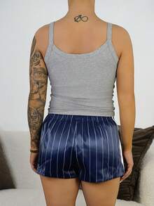 SAYEHFBABY 女士夏季节日街头服饰运动休闲 Y2K 比赛日条纹缎面面料宽松松紧腰带毛衣短裤 - 藏蓝色 - 查看 2