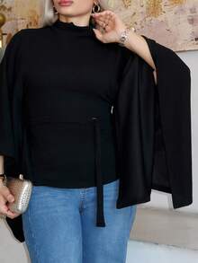 salliqueen Top décontracté femme à col roulé avec manches évasées de couleur unie - Noir - Voir 4