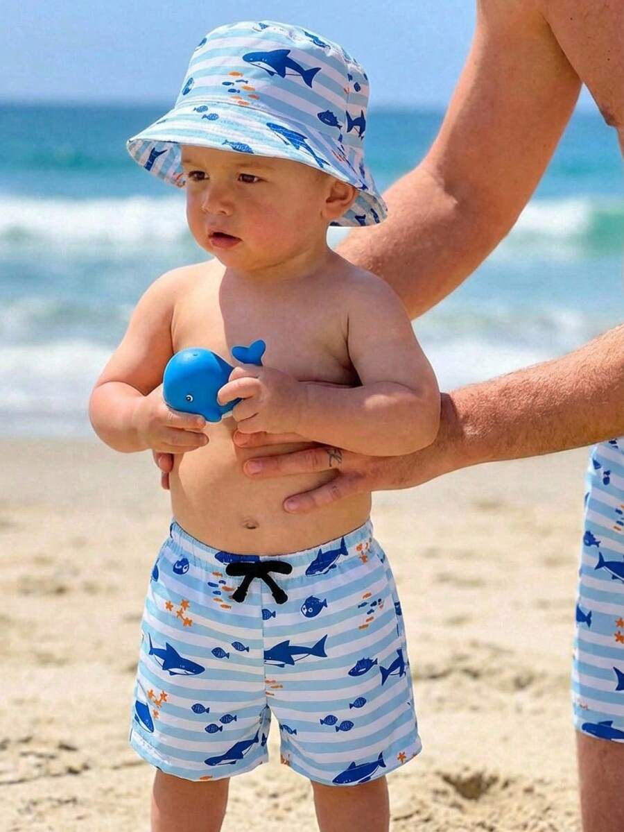 SHEIN 男婴休闲度假卡通条纹松紧腰泳裤 - 彩色 - 查看 1