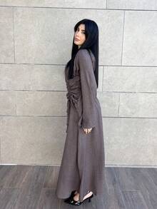 Hitanina 女式纯色船领喇叭袖褶饰腰时尚长裙 - 咖啡棕 - 查看 4