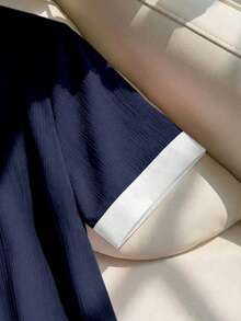 Franclia 女士优雅粉色雪纺褶皱白色领宽松短袖衬衫 - 藏蓝色 - 查看 4