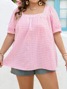 SHEIN CURVE+ Curve 尺码 US22 音乐节、海滨度假、波西米亚风女士休闲方领格纹泡泡袖衬衫 - 粉色 - 查看 5