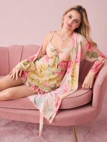 Bonmuse Fashionable Floral Print Lace Trim Camisole Nightgown And Robe Set For Women Lingerie Set With Robe Floral Robe 2 Piece Nightgown Sheer Robe Floral Nightgownfor Summer - Pink - View 3