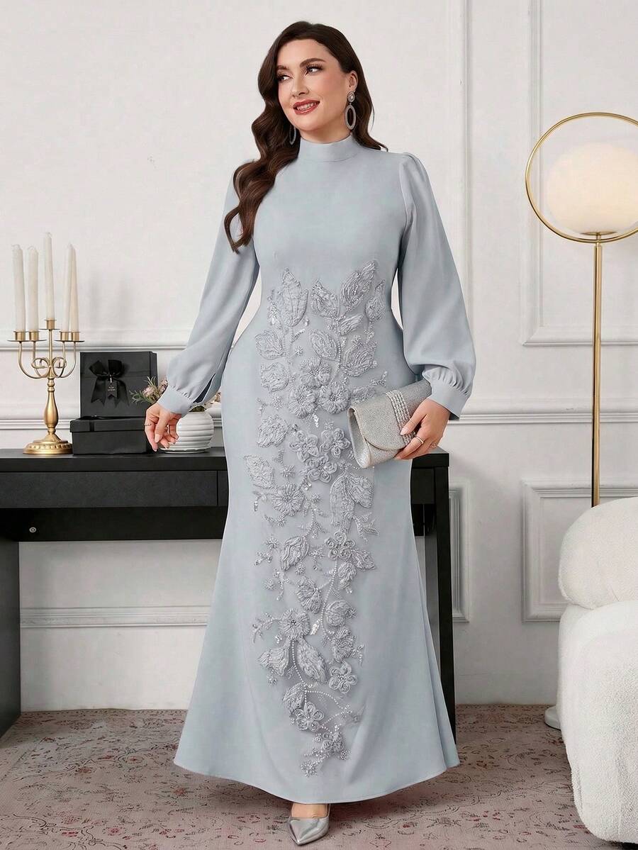 Modelyn Plus Size Women Floral 3D Decor Elegant Cinched Waist A-Line Dress - Baby Blue - View 1