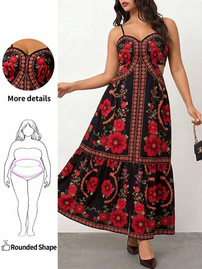 Enliva Große Größen Damen Gelb Tropische Pflanze Muster Kleid, Trägerkleid mit Hohlwaise, Maxikleid, Herbstkleid