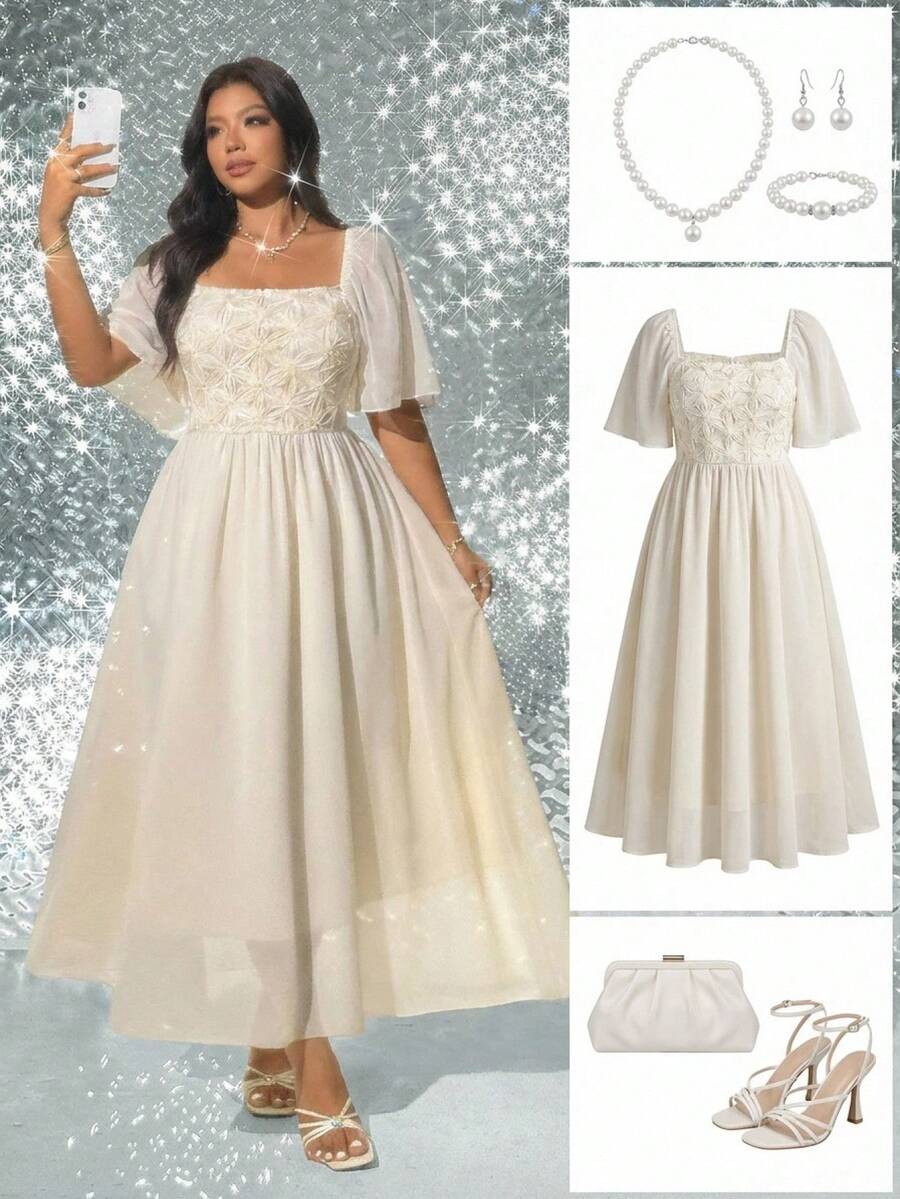 Viva Relle 大码女式提花杏色优雅度假连衣裙，春夏款