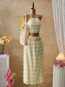 Zolique Women's Lace Trim Casual Elegant Sleeveless Top And Mini Skirt Set - Yellow - View 5