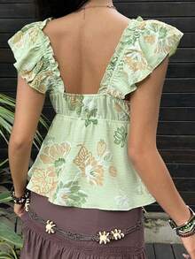 Sunnyshic Y2K波西米亚风性感东南亚度假休闲约会街头音乐节海滩刺绣亮片印花深V领泡泡袖A字褶皱开衫衬衫吊带衫，春夏秋三季 - 彩色 - 查看 2