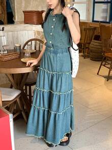 Livesso Women's Cotton Ruffle Sleeveless Top And Casual Denim Skirt Set, Summer - Medium Wash - View 6