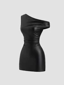Sweetra Spring/Summer New Asymmetrical Shoulder Dress, Special Fabric Waist-Cinching Slim-Fit Mini Dress, Suitable For Party Wear - Black - View 6