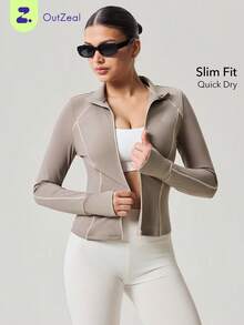 OutZeal Gym Top Women Sports Jacket Solid Color Yoga Casual Running Quick-Dry Slim Fit Stand Collar Zip Up Active Tops Summer Spring - Volcanic Gray - View 11
