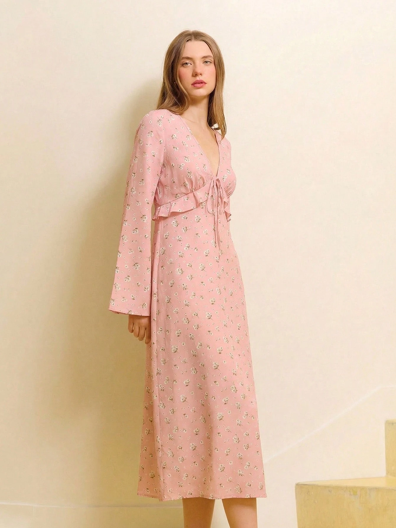 Pink Floral Print V-Neck Tie-Front Midi Dress With Ruffled Details And Long Sleeves Wedding Guest Outfits For Women Womens Dress Formal Wear Women S Spring Dress