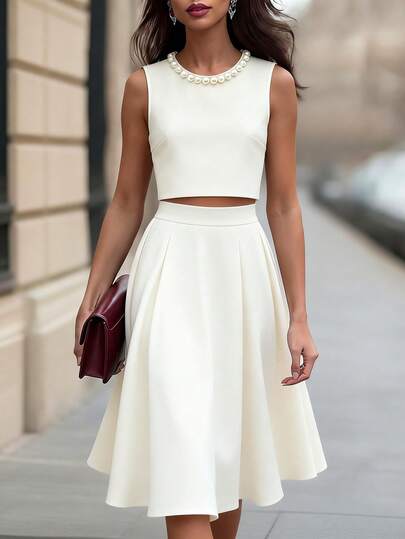 Ellegaria. French Elegant Fashion, Beaded Decor Sleeveless Top Vest Style, Paired With Loose A-Line Skirt, Women Summer 2 Pieces Set, Chic Commuter Short Vest, Apricot Vest & Skirt Formal Suit  Casual Sets For Women Holiday Summer Outfits Summer Spring Clothes Women Festival White Skirt And Top Set Two Piece Set Women Cream Two Piece Set Two Piece Summer Set Skirt Cotton 2 Piece Set Two Piece Dress Classy Two Piece Outfit White Dress Midi Classy White Dress White Knee Length Dress White Set Skirt And Top W