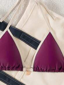 Swim Mod Bộ bikini hai mảnh màu trơn mới dành cho nữ, kiểu dáng tam giác, gợi cảm, buộc dây, phối màu tương phản. - Màu Đỏ Sâu - Xem 5