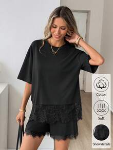 Easowa Bộ 2 món gồm áo thun cổ tròn tay ngắn màu đen bằng cotton và quần short lửng viền ren dành cho nữ, thích hợp cho trang phục thường ngày, lãng mạn hoặc đi nghỉ mát. - màu đen - Xem 4