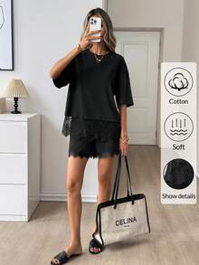 Easowa Bộ 2 món gồm áo thun cổ tròn tay ngắn màu đen bằng cotton và quần short lửng viền ren dành cho nữ, thích hợp cho trang phục thường ngày, lãng mạn hoặc đi nghỉ mát. - màu đen - Xem 7