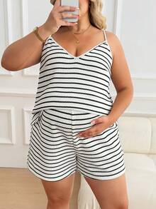 Plussiva Maternity Plus Size Summer Casual Striped Camisole And Shorts 2 Pieces Set - Black and White - View 5